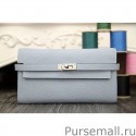 Hermes Kelly Longue Wallet In Blue Lin Clemence Leather MG01609