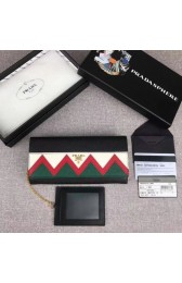 Prada Saffiano leather flap wallet decorated with multicolored Greek key motif Green MG00928