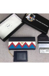 Prada Saffiano leather flap wallet decorated with multicolored Greek key motif Blue MG00683