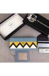 Prada Saffiano leather flap wallet decorated with multicolored Greek key motif Yellow MG02788
